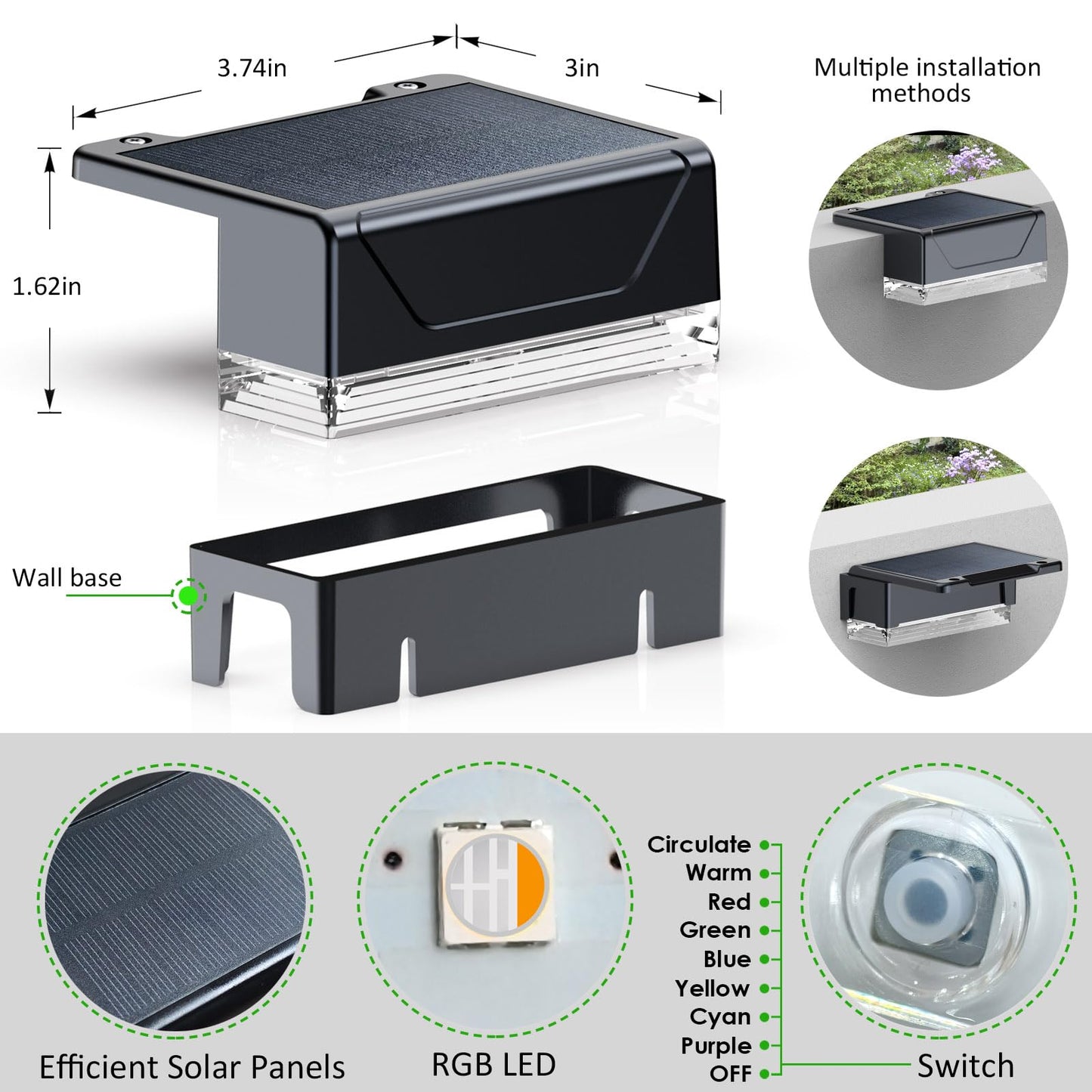 LIANGLOME 12PK Solar Fence Lights Outdoor Waterproof LED - Warm White & RGB 6 Color, Dusk to Dawn Deck Light, IP65 Waterproof Garden Lights for Outside/Backyard/Railing/Step/Patio/Wall