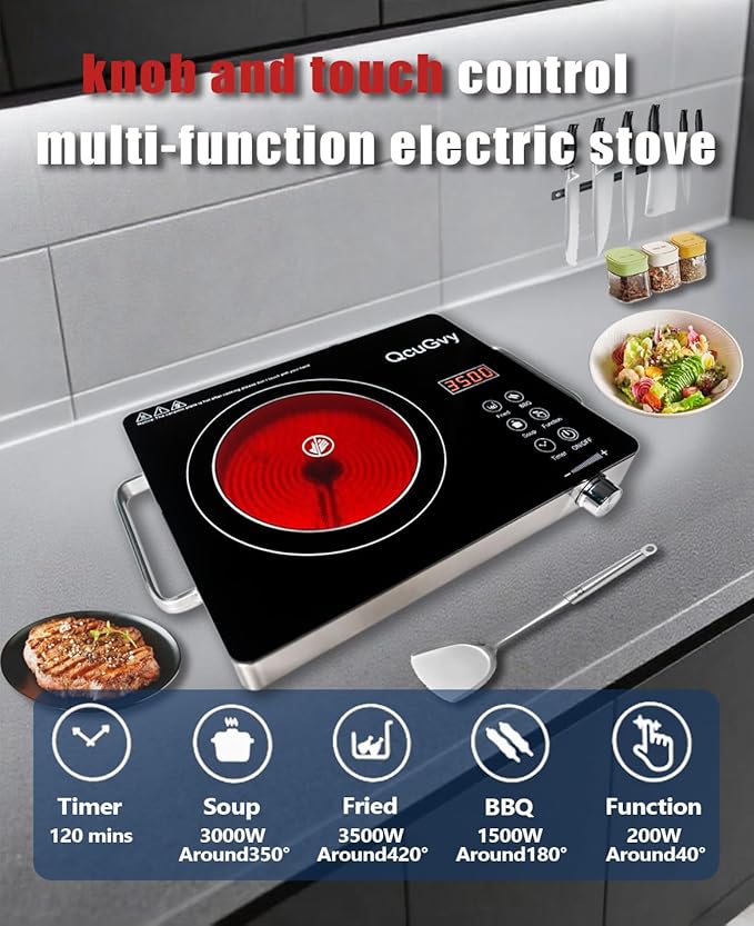 Portable Infrared Burner 3500 Electri Burner with 3 Hours Timer-Electric Hot Plate Touch Control Panel Adjustable Heating Power Glass Plate Electric Cooktop for Cooking (Black)