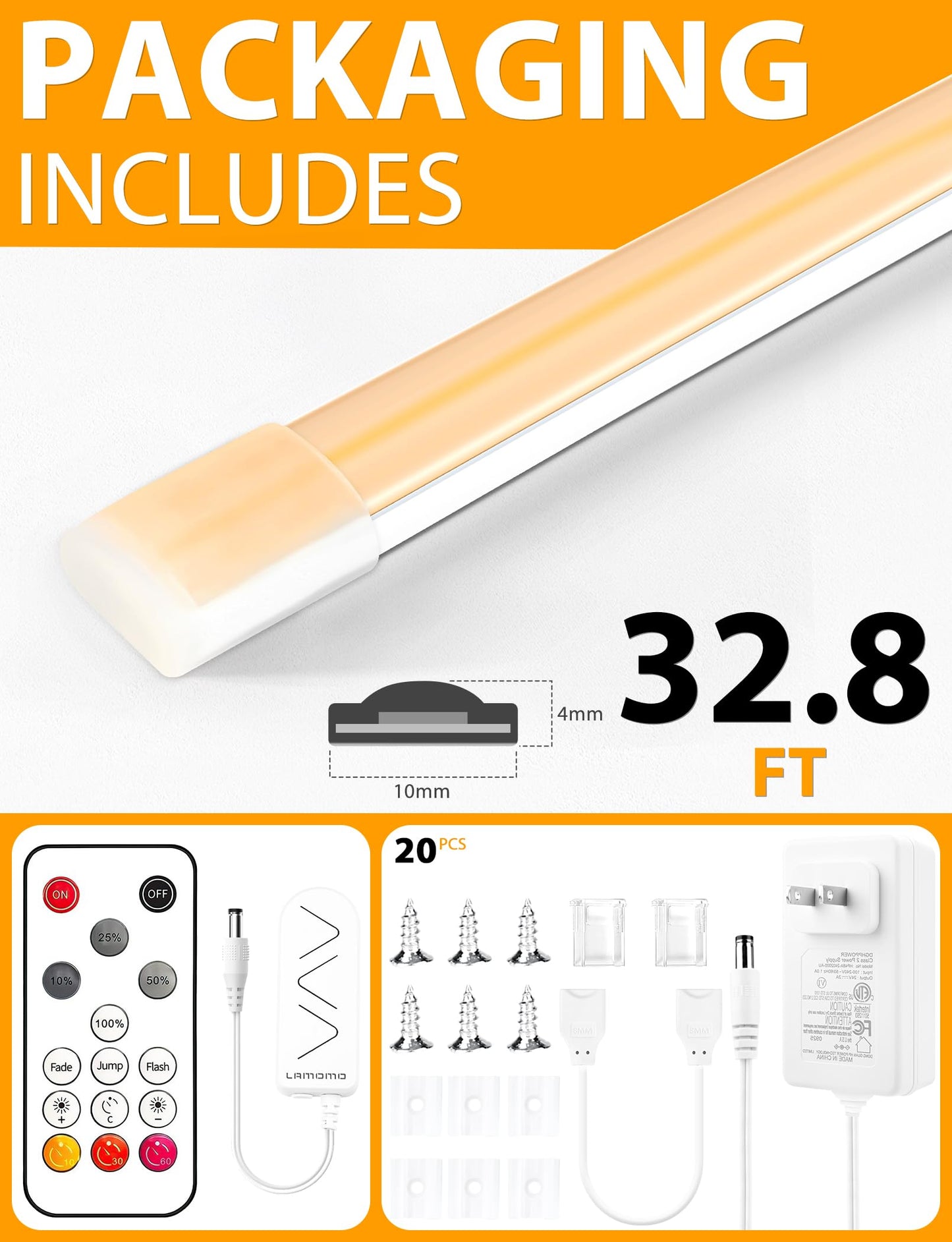 Lamomo COB LED Strip Lights Pro, 32.8Ft Warm White Dimmable Self-Adhesive Led Rope Light with Remote, Flexible Cuttable Waterproof 3000K Silicone Neon Tape Lights for Bedroom, Indoor, Outdoor,Cabinet
