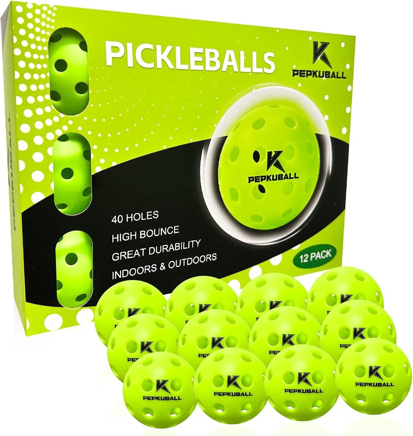 Pickleball Balls Indoor: 4 Pack, 8 Pack, 12 Pack | 40-Hole Outdoor Pickleballs, High Visibility & Bounce, Stylish & Durable for All Paddle Styles & Skill Levels