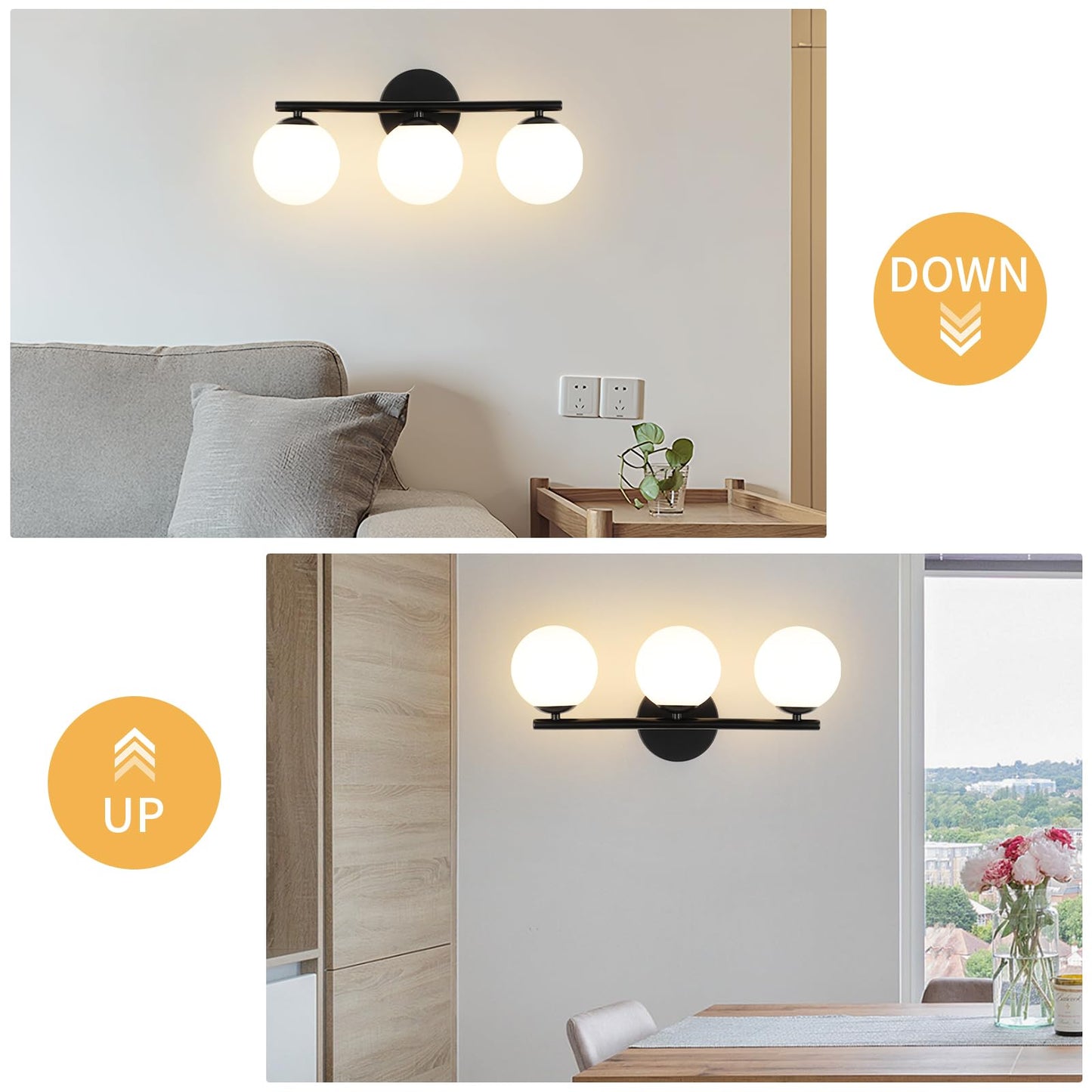 Foucasal Black Globe Bathroom Light Fixtures 3-Light Vanity Light With Plastic Milk White Globe Shades 11.81 Inch Wall Sconce Lighting Over Mirror  Vanity Lights For Bathroom Bedroom Hallway