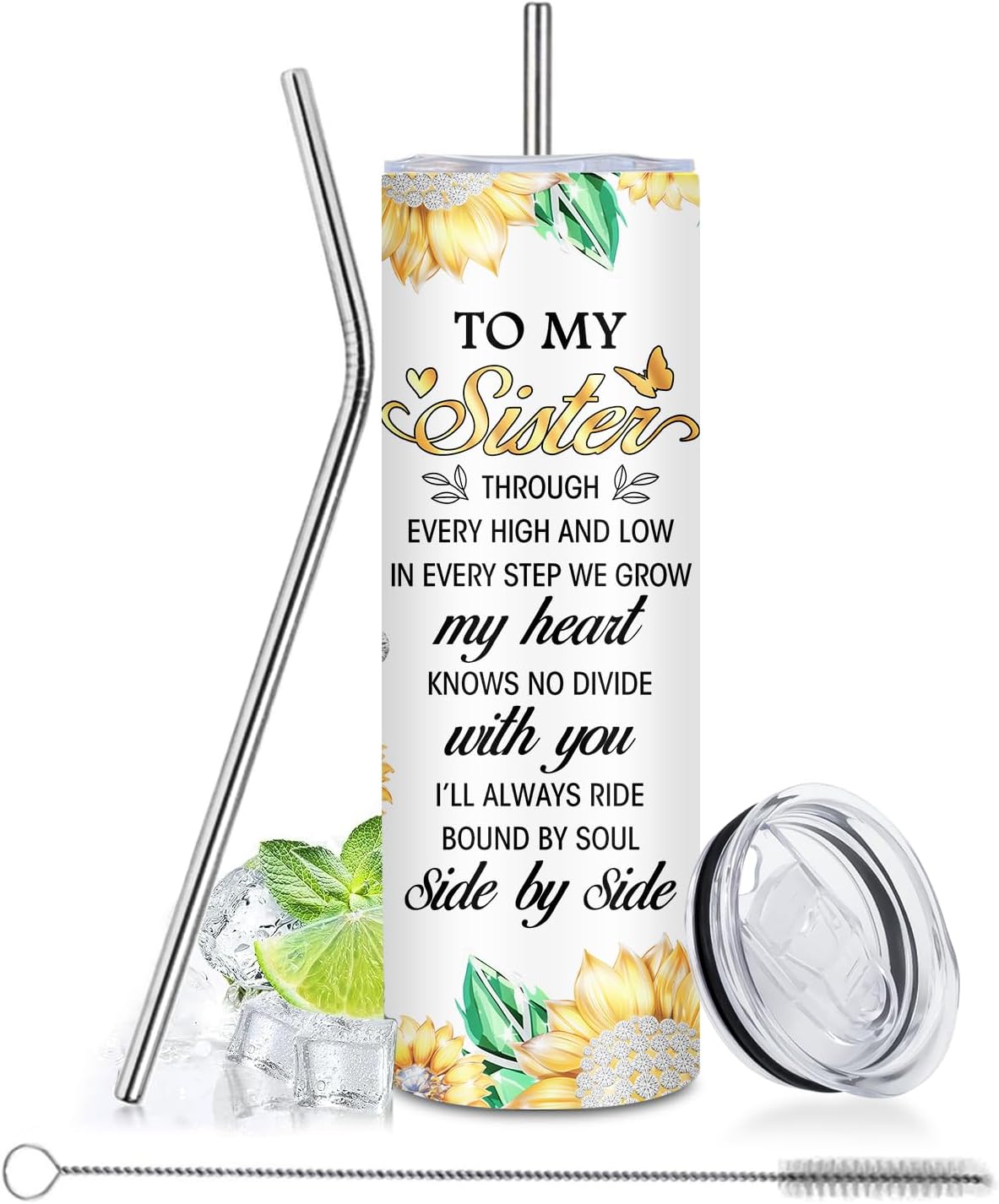 Sister Gifts - 20oz Insulated Stainless Steel Water Tumbler with Straw Lid, Leakproof, for Sister, Friendss, Travel - to My Sisters Sunflower Birthday Gifts Cup