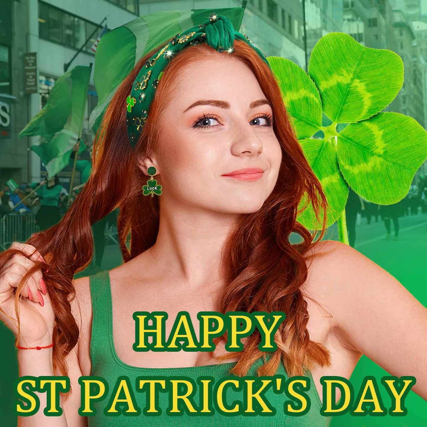 MEFINESHOW St.Patrick's Day Headband Green Shamrock Headband for Women Jeweled Knotted Headband Embellished Crystal Rhinestone W