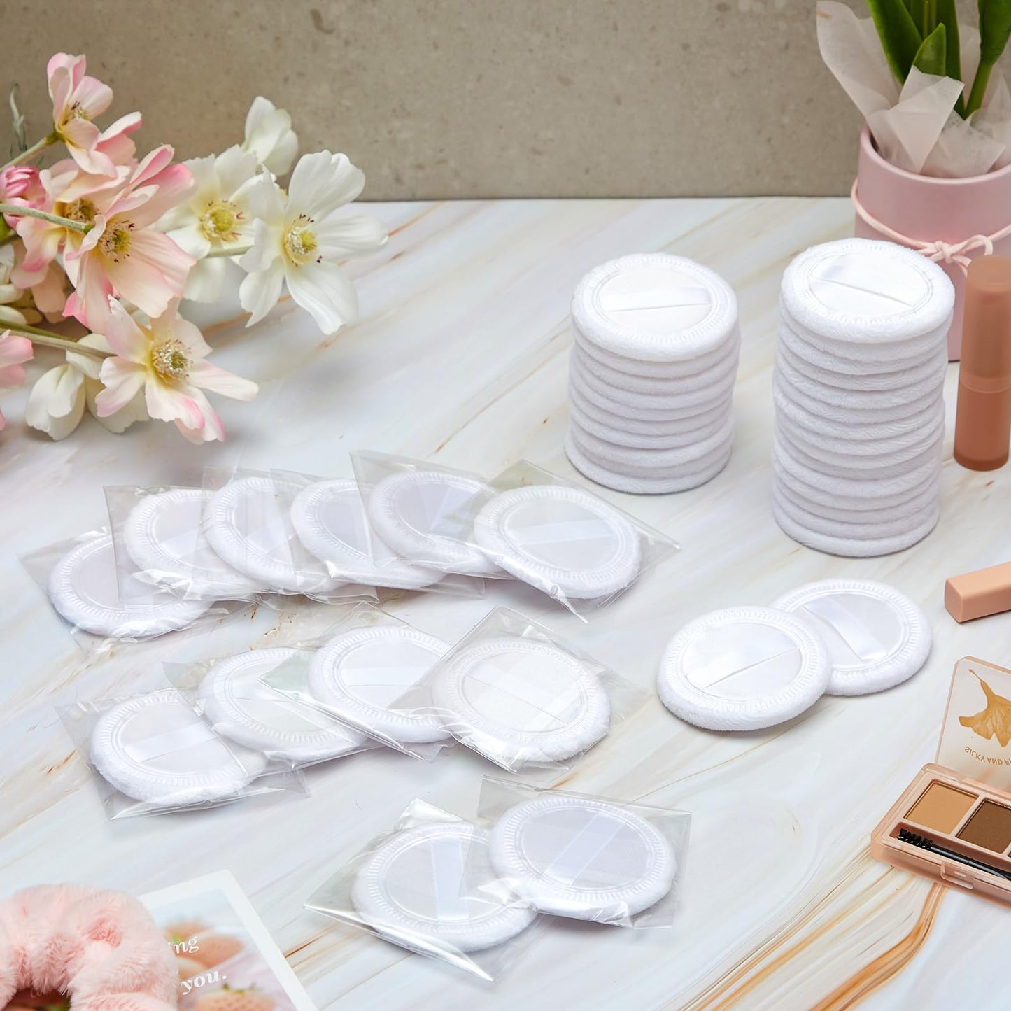 SiliFine 100 Pcs Cotton Powder Puff Washable 2.36 Inch White Round Cosmetic Face Powder Makeup Puffs with Ribbon Body Cosmetic