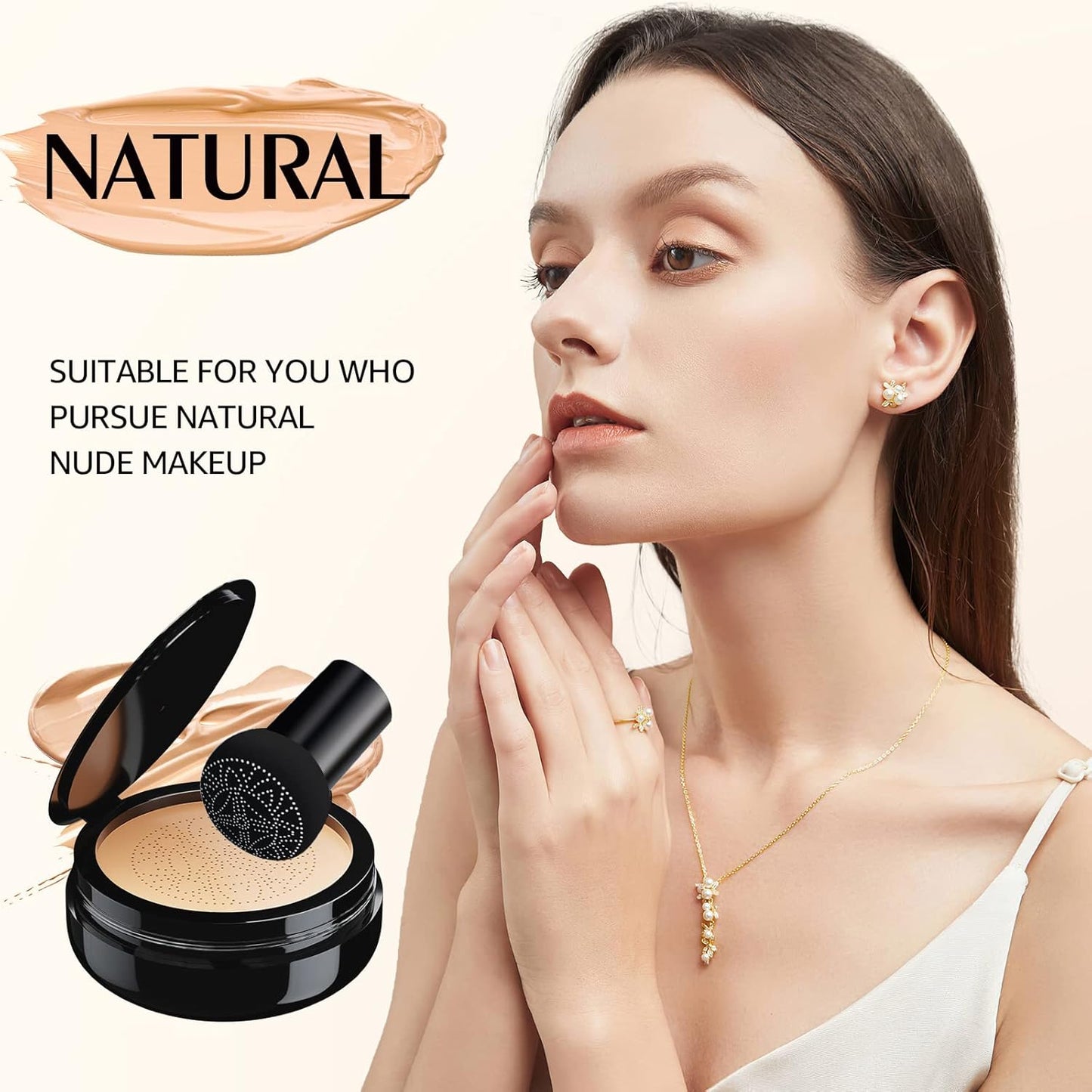 2 PCS Mushroom Head Air Cushion CC Cream - Long-Lasting Brightening BB Cream Foundation With Powder Puff for Face Makeup and Mature Skin (Natural