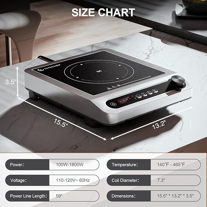 Induction Cooktop, 1800W Commercial Induction Burner, 7.3” Heating Coil Professional Countertop Stove Burner, Hot Plate 3 Hours Timer, 18 Levels Temperature & Power
