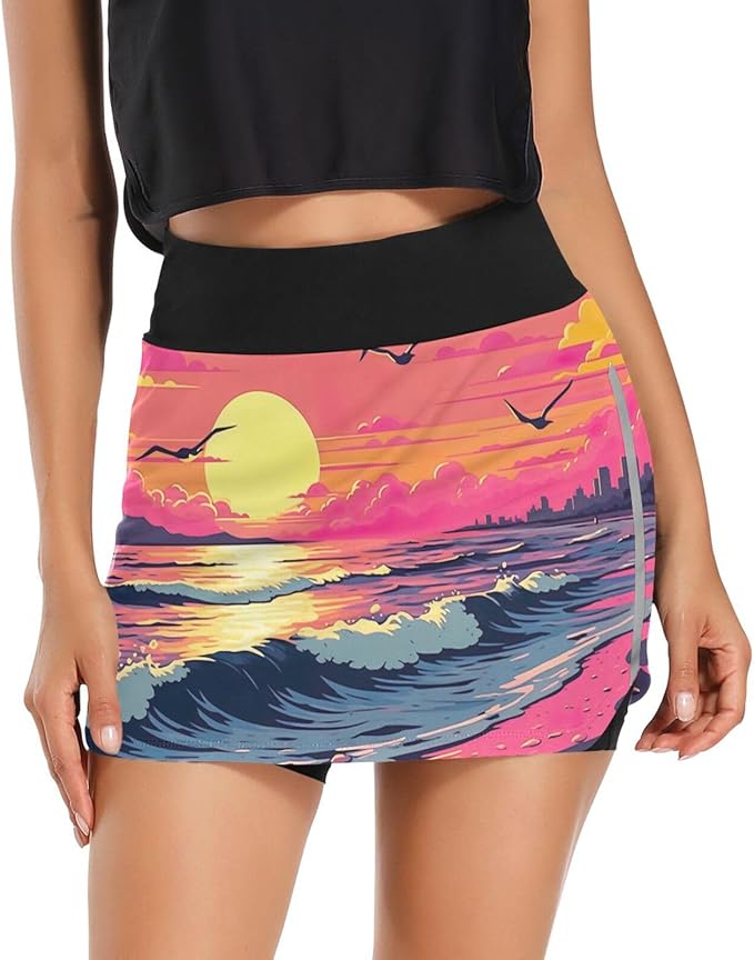 FLildon Sunset Beach Seagulls Tennis Skorts Skirts for Women Workout Athletic Skirt High Waisted with Pocket