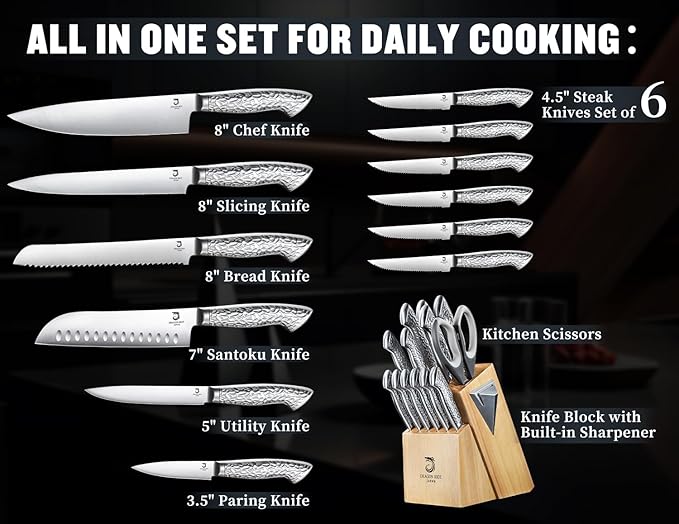 14 PCS Knife Set with Wood Block - Stainless Steel Kitchen Knife Block Set with Built in Sharpener, Dishwasher Safe, Rust Resistant, Non-Slip Ergonomic Handle - Gift for Men Women and Housewarming