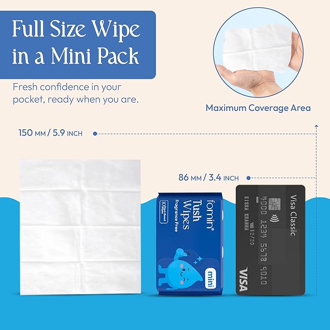 Fomin Mini Flushable Tush Wipes 30 Pack (10 Count) - Fragrance Free Travel Wet Wipes for Women - pH Balanced, Biodegradable Cleansing Wipes - Hypoallergenic, Plant-Based Tush wipes for Adults and Kids