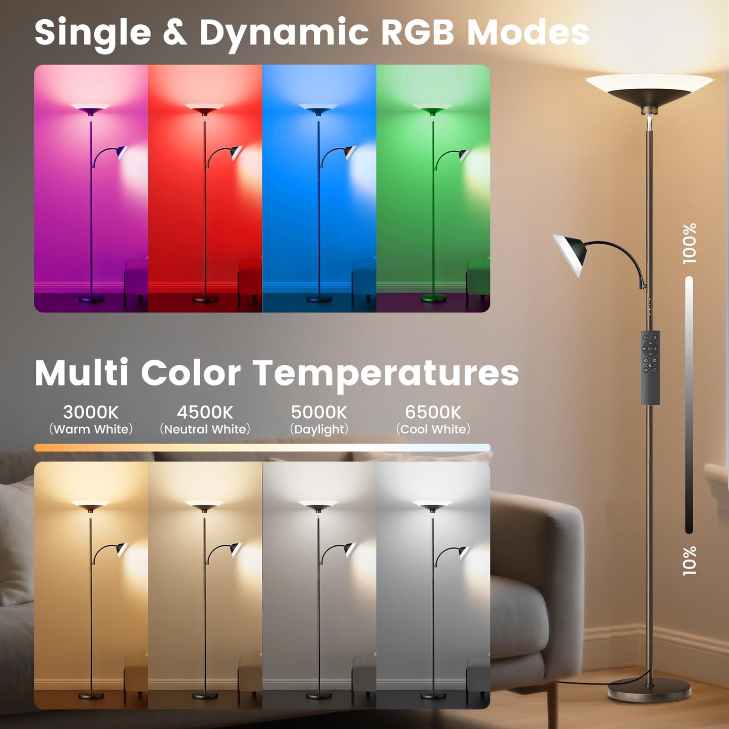 SIBRILLE RGB Torchiere Floor Lamp - 2 Way Dimmable LED, 34W, 72in  Tall, Metal, Black with RGB, Model MF30021.3