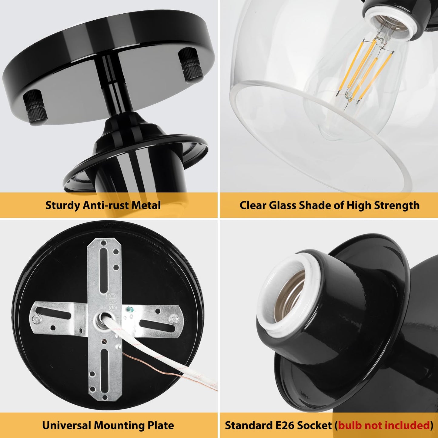 BesLowe Modern Semi Flush Mount Ceiling Light, Black Glass Shade, Model C2508-01-BK, Ideal for Hallway, Bedroom, Dining Room, Foyer