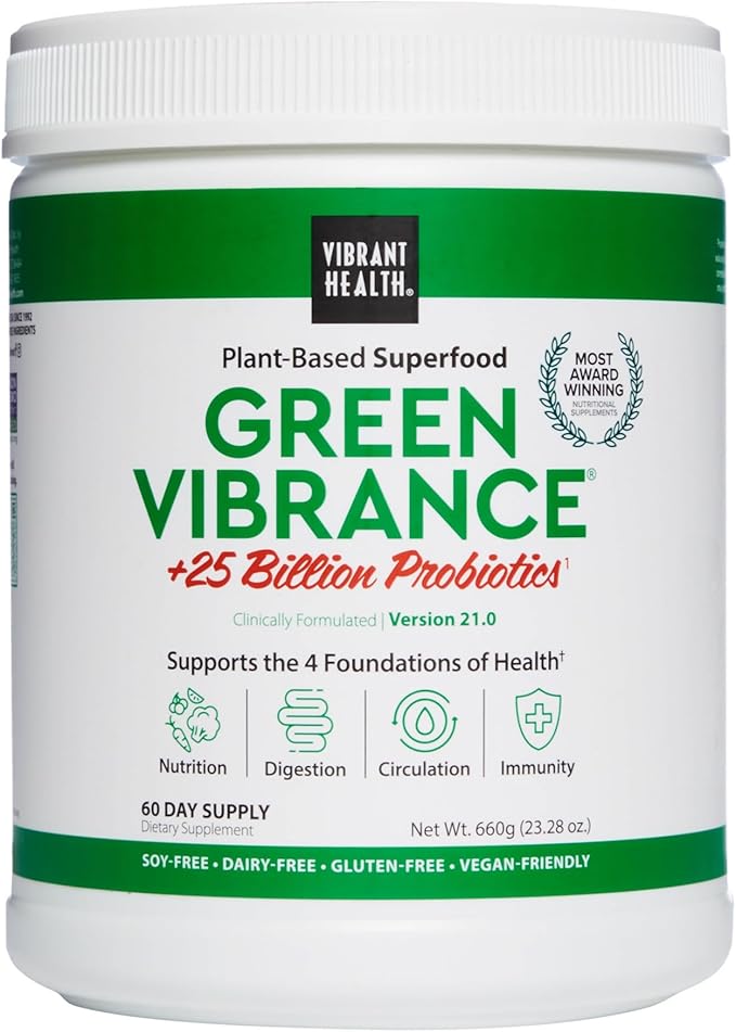 Vibrant Health, Green Vibrance, Includes 65 Plant-Based Superfoods, 25 Billion Probiotics, Fiber, Adaptogens & Enzymes, 60 Servings (FFP)