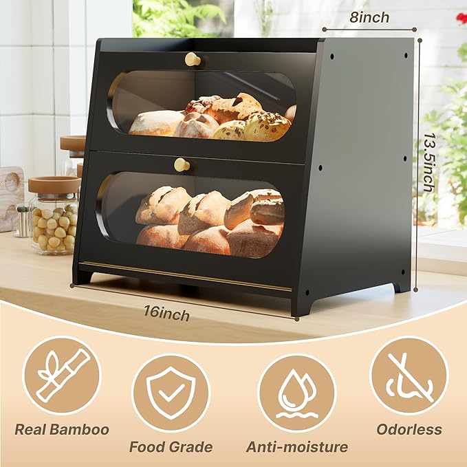 Black Bread Box for Kitchen Countertop, Double Layer Breadbox, Large Capacity with Window, Farmhouse Bread Storage Container, Fits Corner, Cabinet, Pantry