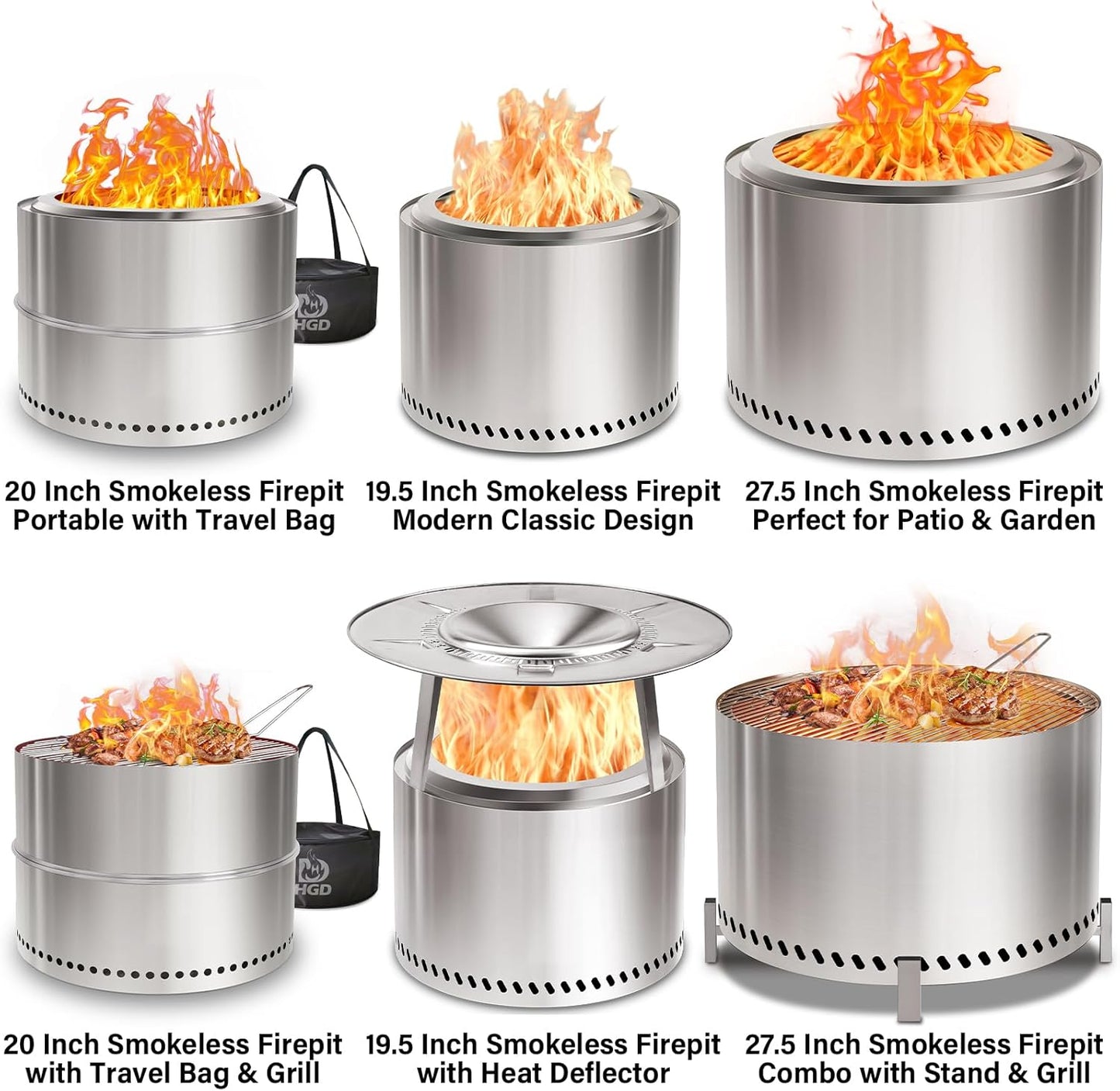 HGD 19.5" Smokeless Fire Pit Outdoor, Stainless Steel Wood Burning Firepit with Secondary Combustion, Backyard Patio Stove for Garden, BBQ & Bonfire