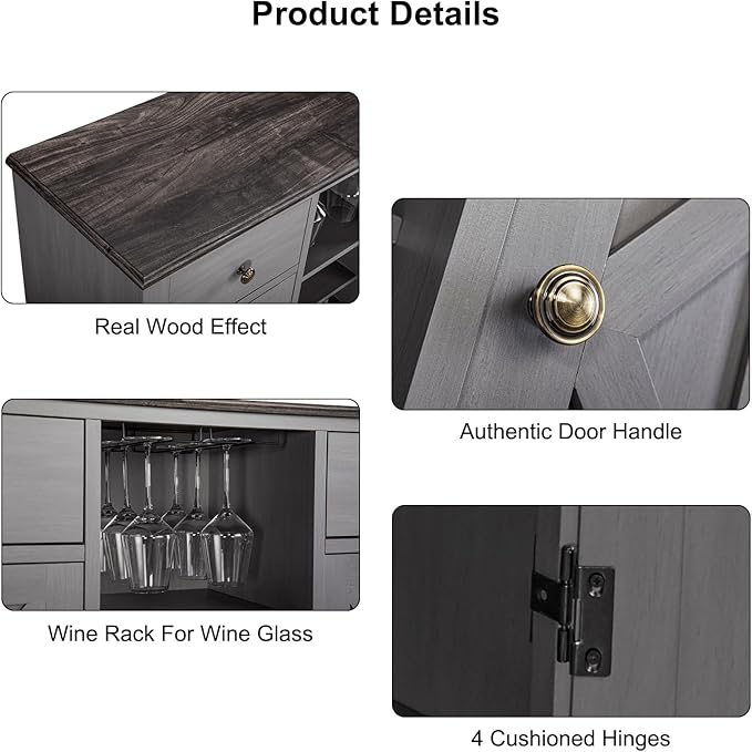 Rustic Wine Cabinet with Wine Rack and Lattice, Sideboard Buffet Cabinet with Drawers, Multifunctional Storage Cabinet for Kitchen, Dining Room, 47 Inch (Gray)