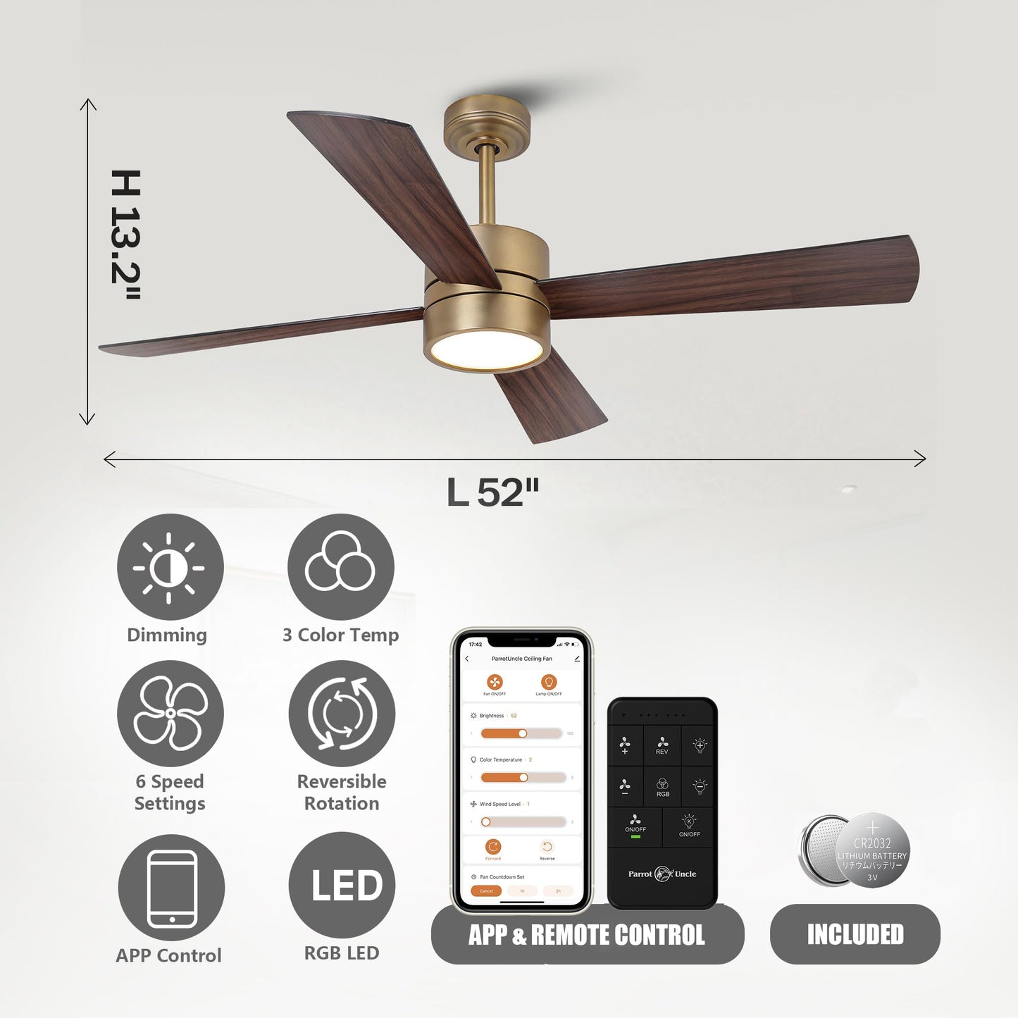 Gold Ceiling Fans With Lights, 52 Inch Chandelier Ceiling Fan With Rgb Led For Bedroom, Remote/ App Control, Brass Outdoor Ceili