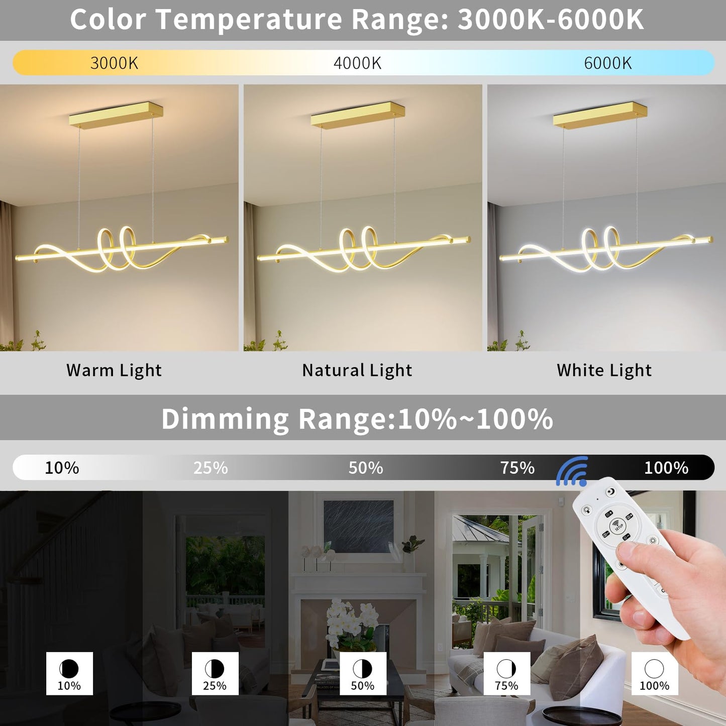 Zihoi Modern Pendant Light Fixture, 39in Aluminum LED Chandelier, Dimmable 3000K-6000K, A-Gold, Model LX