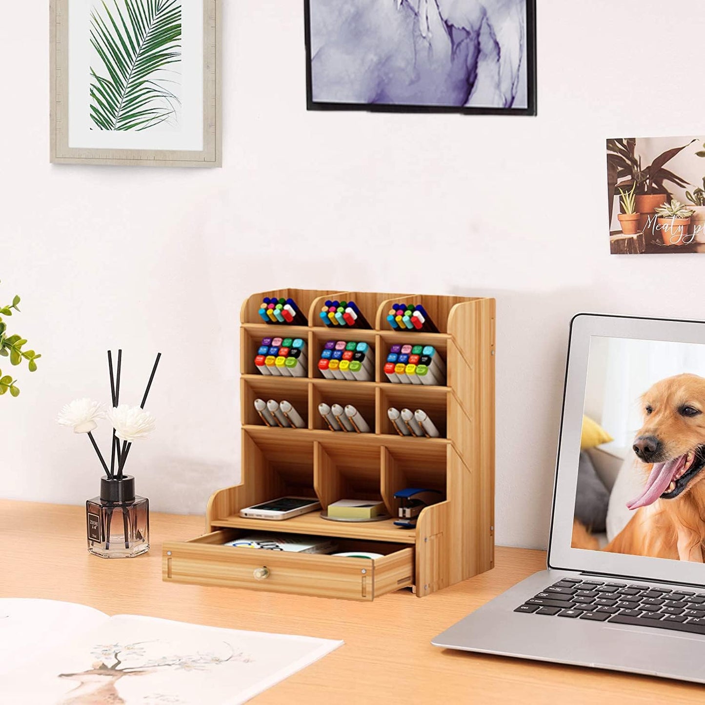 Marbrasse Wooden Desk Organizer, Multi-Functional DIY Pen Holder, Organizer for desk, Desktop Stationary, Easy Assembly, Home Office Art Supplies Storage with Drawer (B11-Cherry Color)