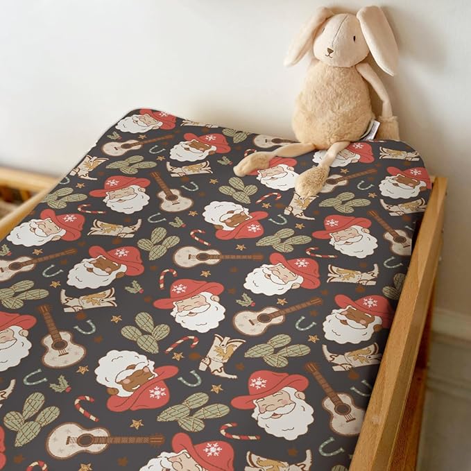 Christmas Western Cowboy Santa Baby Changing Pad Covers for Boy Girl Country Santa Cactus Boots Guitar Fitted Changing Table Mats Winter Holiday Festive Soft Diaper Change Table Sheets 32''×16''