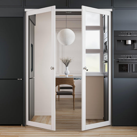 French Pivot Door for 80" x 60" Opening, Double Mirror Door Panels with Pivot Hardware, White, Water & Scratch-Resistant Surface