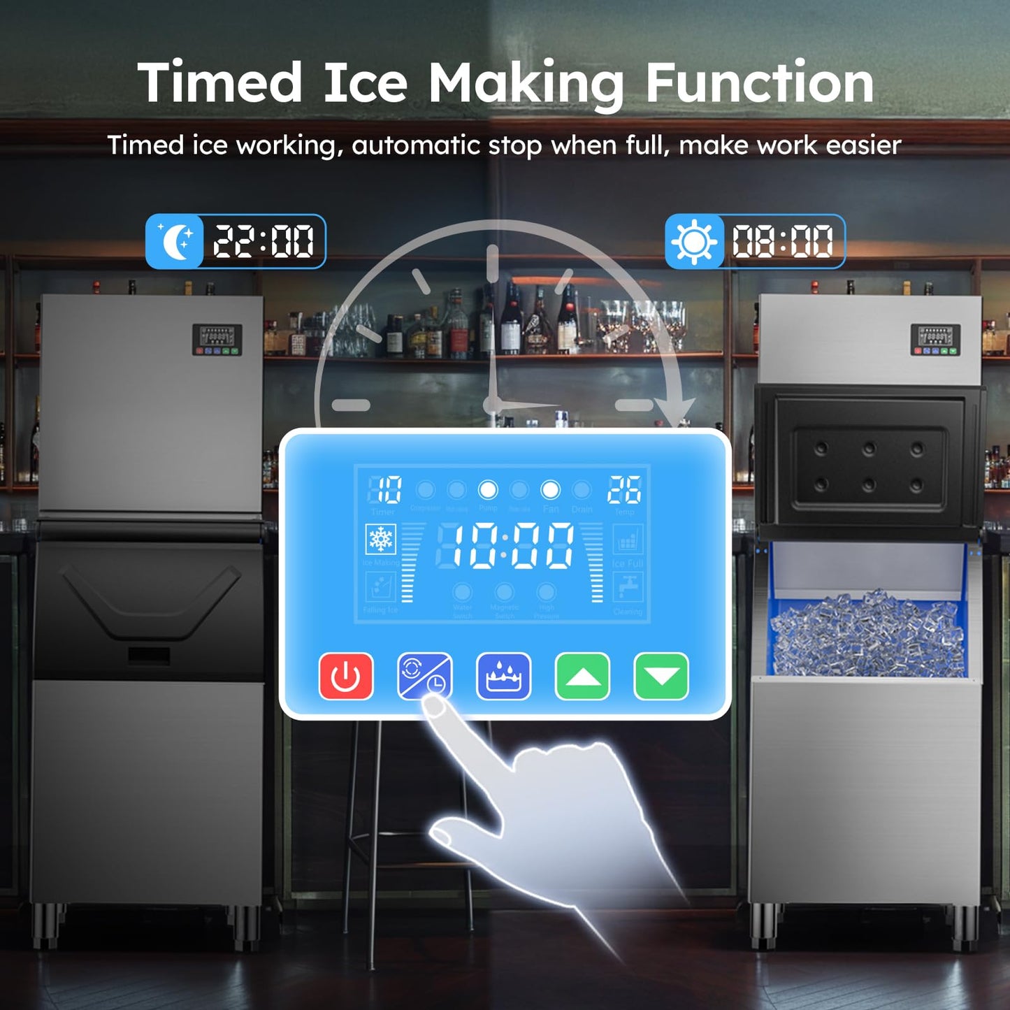 Commercial Ice Machine 550 LBS/24H, Commercial Ice Maker with 400 LBS Storage Bin, Ice Cubes Ready in 5-15 min, Freestanding Ice Maker Machine, Self-Cleaning, Thicknesses Adjustable, Stainless Steel