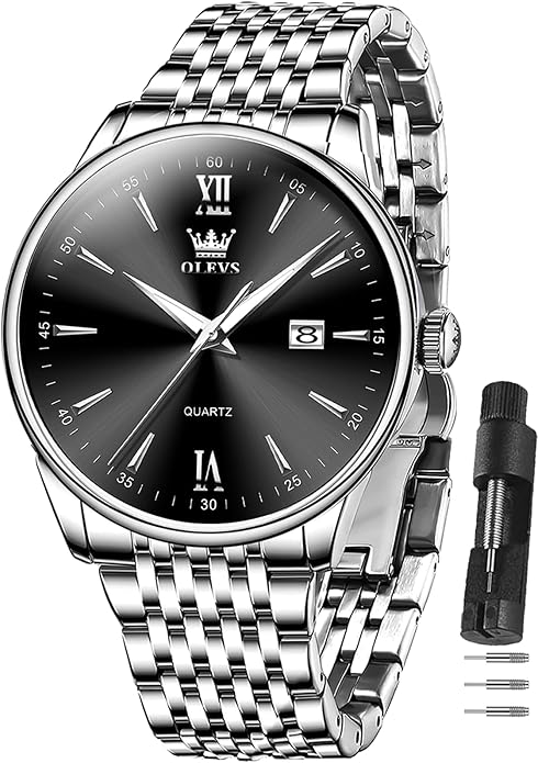 OLEVS Men's Watch,Classic Silver Watches for Men, Waterproof Stainless Steel Roman Numbers Men's Watch Easy to Read