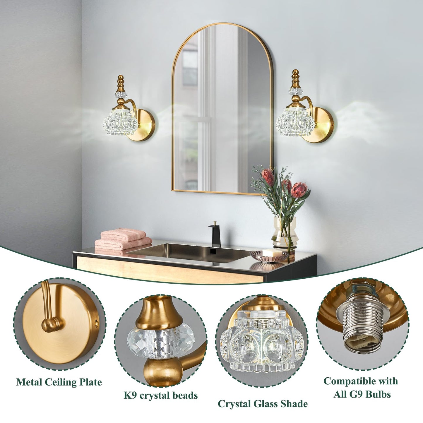 Lbsqj Modern Wall Sconce Set Of Two Indoor Lamp Gold Vintage Glass Light Bathroom Vanity Fixture Wall-Mounted Room Lighting