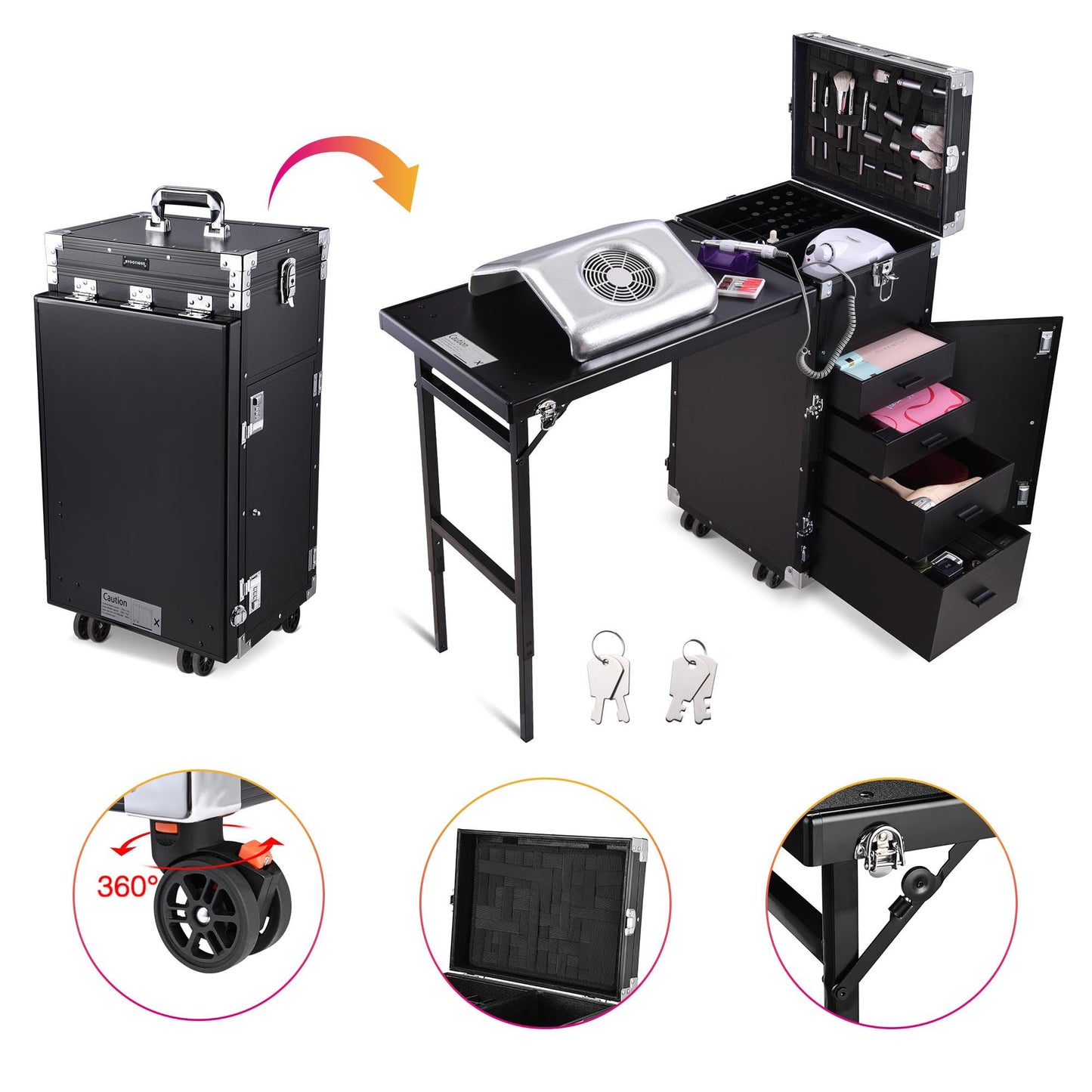 BYOOTIQUE Pink Rolling Manicure Table With Storage Protable Nail Station Kit with Makeup Train Case Cosmetic Organizer for Beaut