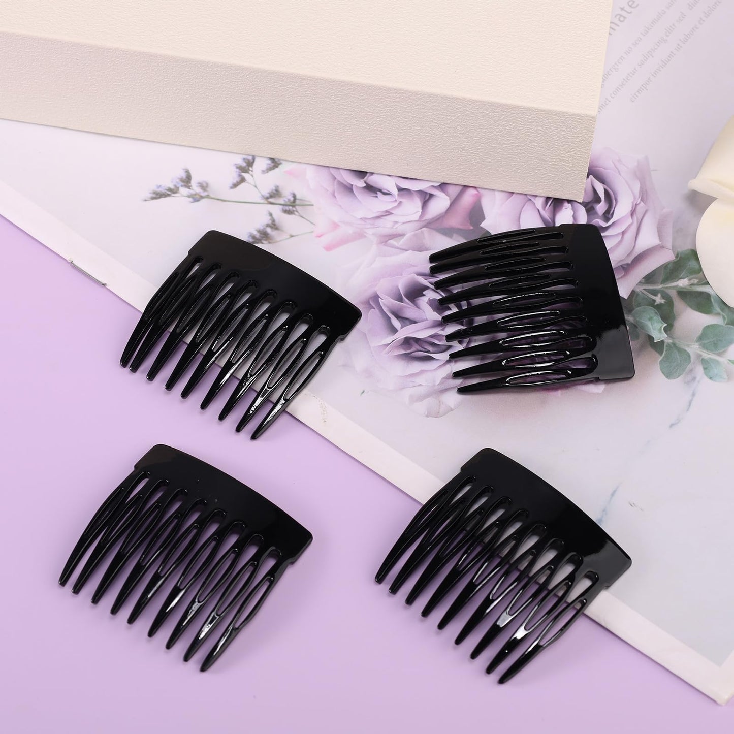 4pcs French Side Comb, Black Small French Slide Hair Comb Decorative Bun Hold Clips Strong Hair Styling Accessories for Girls &