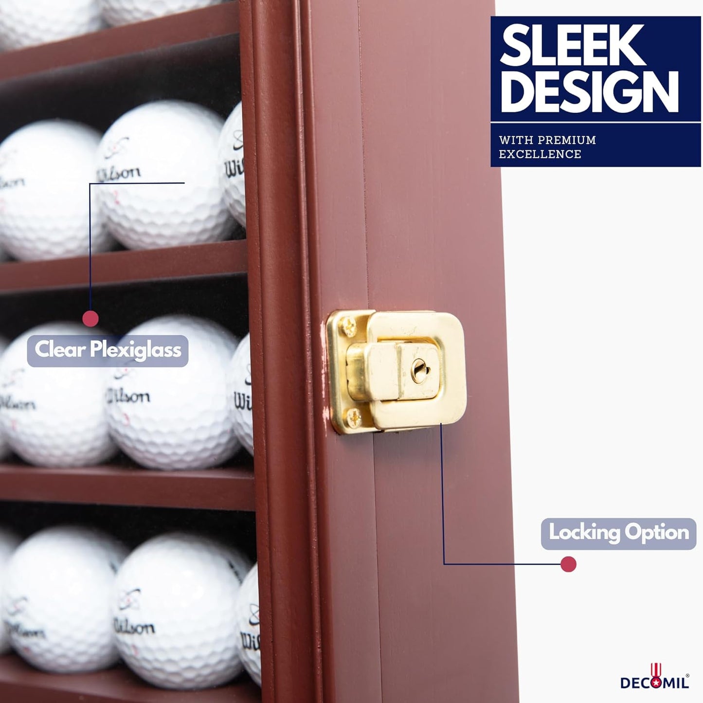 DECOMIL - Solid Wood Golf Ball Display Case Cabinet Wall Rack Holder UV Protection Lockable (Cherry, 49 Golf Ball)