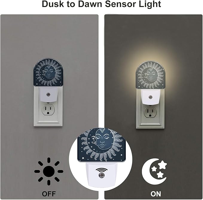 Vintage Boho Sun and Moon Night Light Plug into Wall, Celestial Moon Sun Stars Dusk to Dawn Night Light Plug in,0.5w Energy Saving Sleep Friendly NightLight for Kids Boys Girls Home Decor