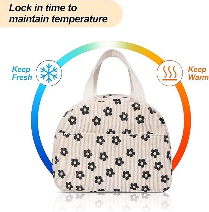 Lunch Box for Women,Cute Corduroy Lunch Tote Bag,Reusable Insulated Lunch Box,Large Capacity Cooler Bag with Compartments for Work, Picnics or Travelling