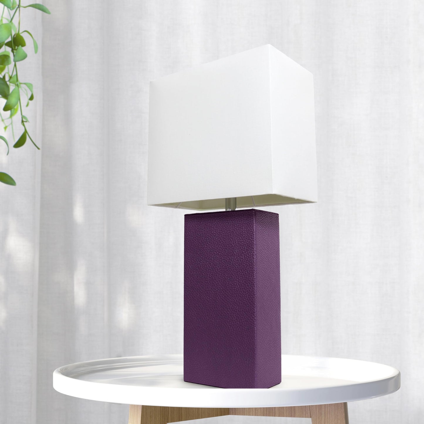 LALIA HOME 21in Leather Base Bedside Table Lamp, Eggplant Purple Fabric Shade, Modern Design for Living Room, Bedroom, Office, Model LHT-3008