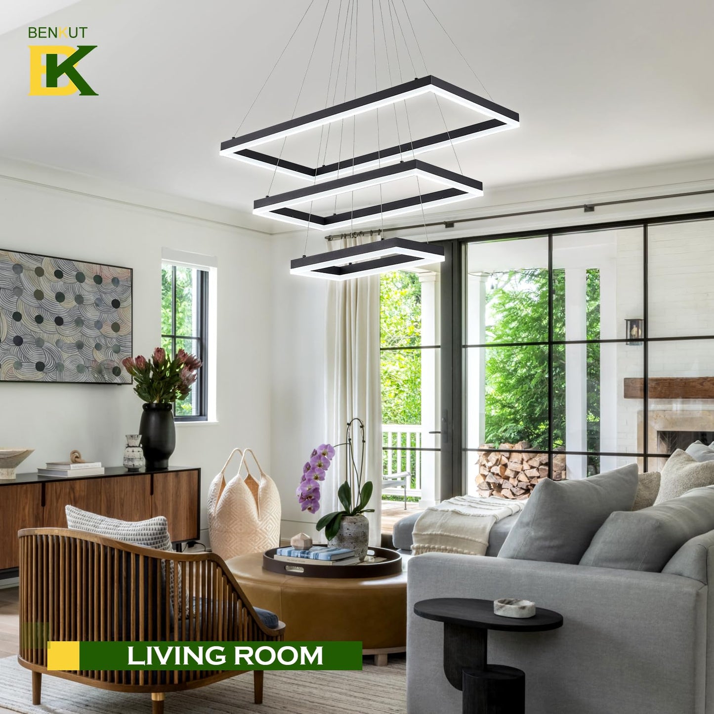 Benkut LED Chandelier, 31.5in Rectangle, Dimmable with Remote, 3 Tier Flush Mount, Black, Aluminum, for High Ceilings, Dining Room, Living Room