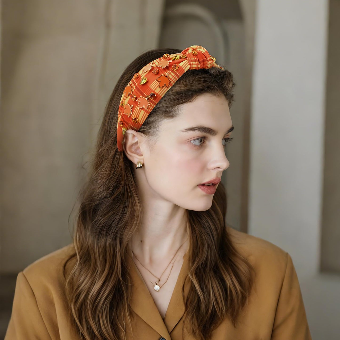CURASA Thanksgiving Day Fall Headbands For Women Rhinestone Knotted Headband Maple Leaf Non Slip Jeweled Hairband Embellished Ha