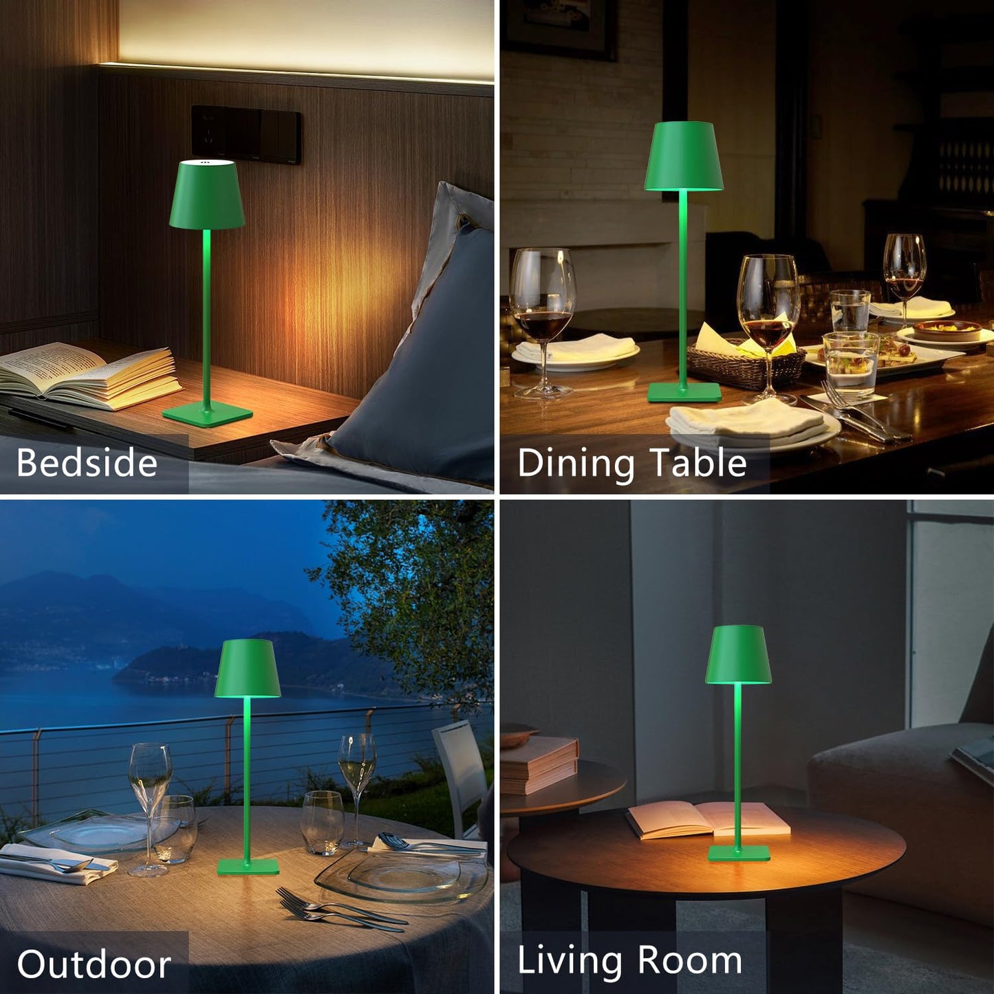 Yogaret Green Cordless Table Lamp Set of 2, Dimmable, Metal, Model Yogaret-Dinner Lamp