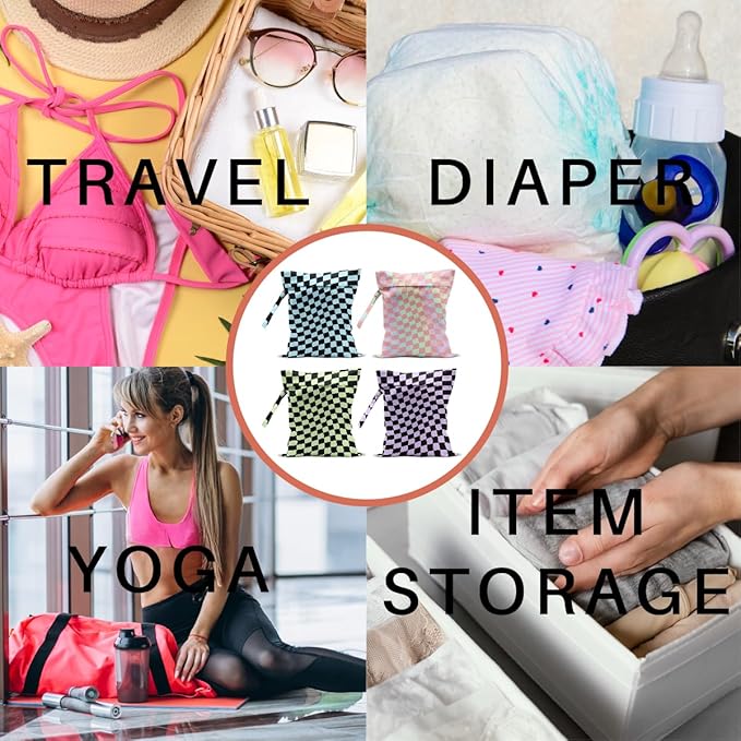 4 Pack Multicolor Checkered Wet Bag Waterproof Washable Reusable Wet Dry Bag for Swimsuit Clothes Cloth Diaper Travel Beach Pool Yoga Gym Toiletries Gift for Women Sister Bestie Birthday Christmas