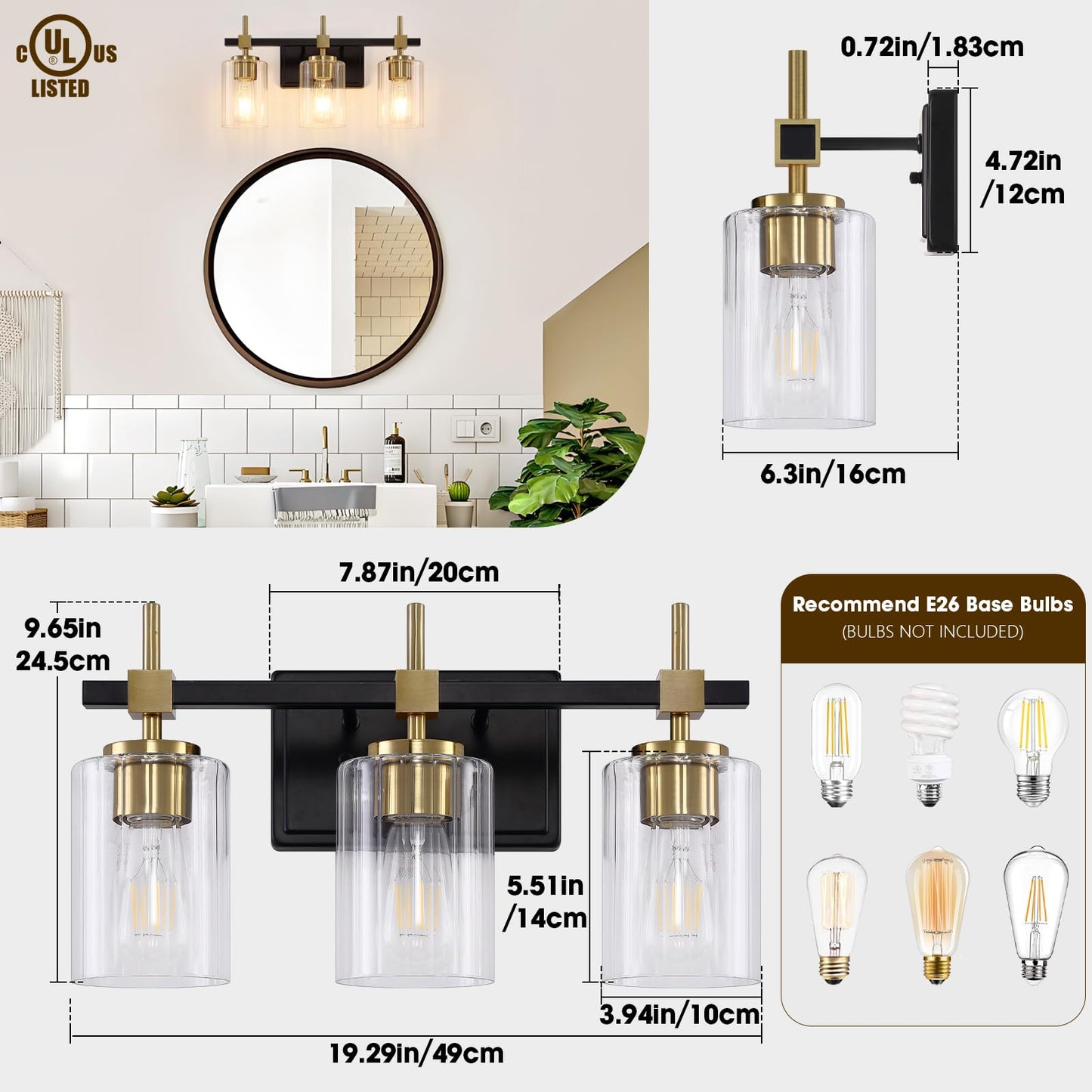 Asnxcju 3-Light Vanity Light Fixtures, Black and Gold, Textured Glass Shade, Model TGSWS-BG-3-LIGHT