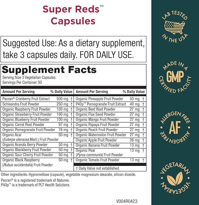 Purity Products Super Reds Capsules Formula (20+ Organic Super Fruits and Berries) Certified Organic Phytonutrients - 90 Capsules