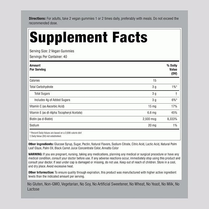 Piping Rock Hair Skin and Nails Vitamins | 80 Gummies | 2500 mcg of Biotin | Womens Multivitamin | with Vitamin C and E | Fruit Flavor | Non-GMO, Gluten Free Supplement