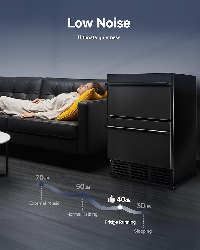 24 Inch Under Counter Fridge, Outdoor Refrigerator with Dual Drawers, Stainless Steel Door, Fast Cooling, Low Noise, Grid Organizers, Drawer Fridge for Home, Outdoor & Commercial (Black)