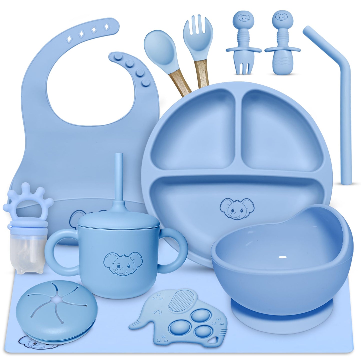 Silicone Baby Feeding Set - Baby Led Weaning Supplies with Sippy Cup, suction plate and bowl, Spoons, Forks, Fruit Pacifier, Bib, and Baby Eating Essentials for 6+ Months - Eight4you