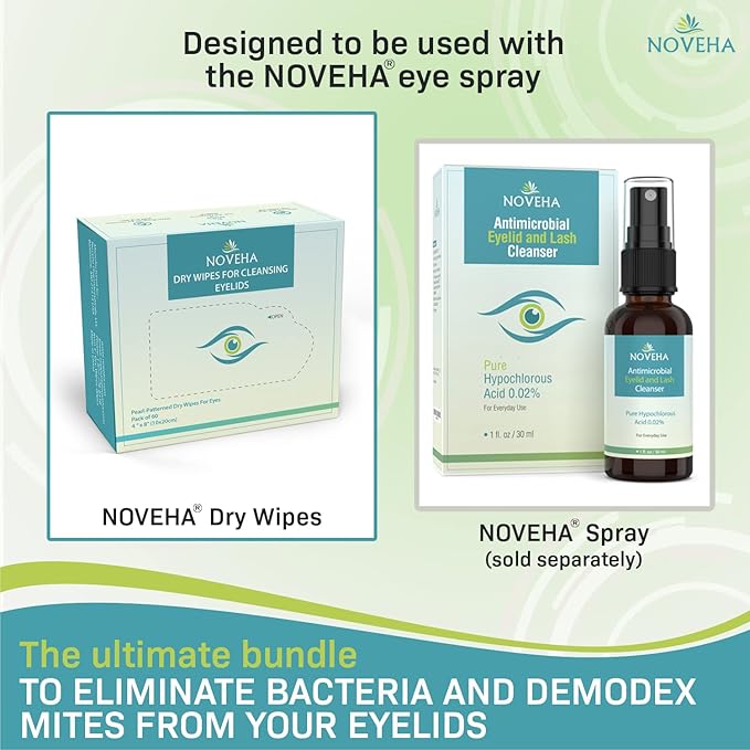 NOVEHA 60PCs Dry Wipes - Gentle & Hypoallergenic Daily Eye & Nasal Cleanser Wipes - Makeup Removal - Calm, Relieve, Soothe, Hydrate Your Skin Naturally - Can be Use with our Foam and Cleanser Line