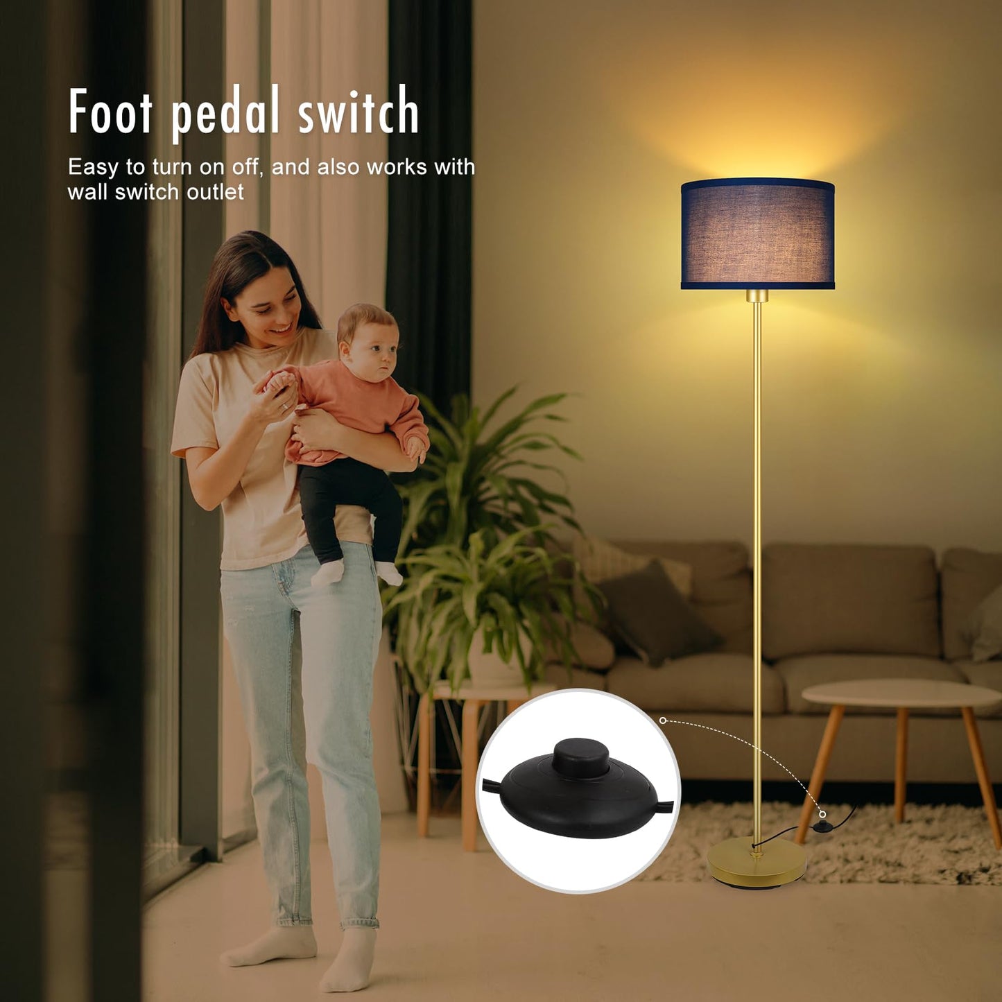 Floor Lamp Blue  Standing Lamp  58  Tall Floor Lamp With Lampshade  Foot Pedal Switch  Modern Simple Floor Lamps For Living Room/Bedroom/Den/Classroom  Gold Lamp For Boys  Gift(Without Bulb)