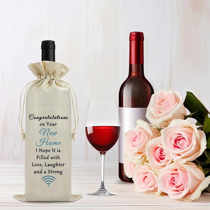 Housewarming Gift New Home Gift Wine Gift Bag First New Home Gift for Homeowner Friends Men Coworker Housewarming Party Decors Wine Bottle Wrap Bag Christmas Gift for Host Drawstring Burlap Wine Bag