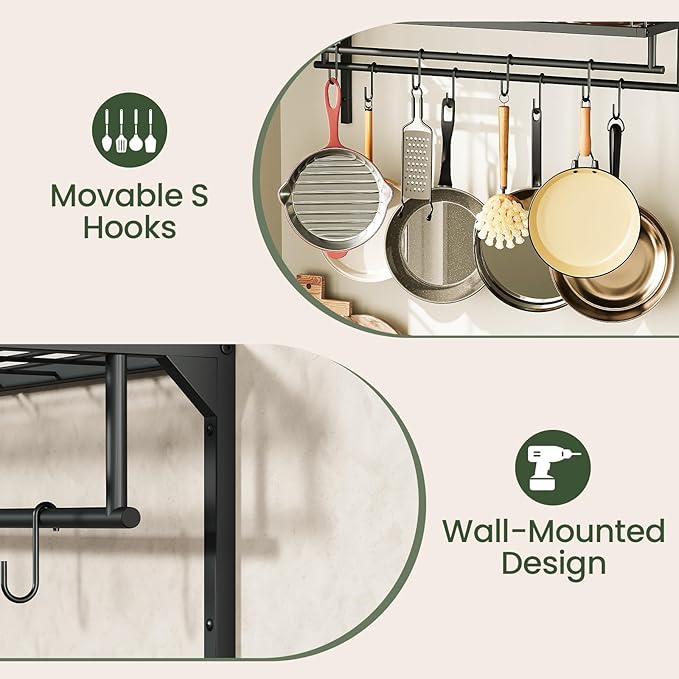 Hanging Pot Rack, Wall-Mounted Pot Rack, Kitchen Cookware Organizer, Metal Pot and pan Organizer Holder, for Cookware, Utensils Organization, Black TPR38BB