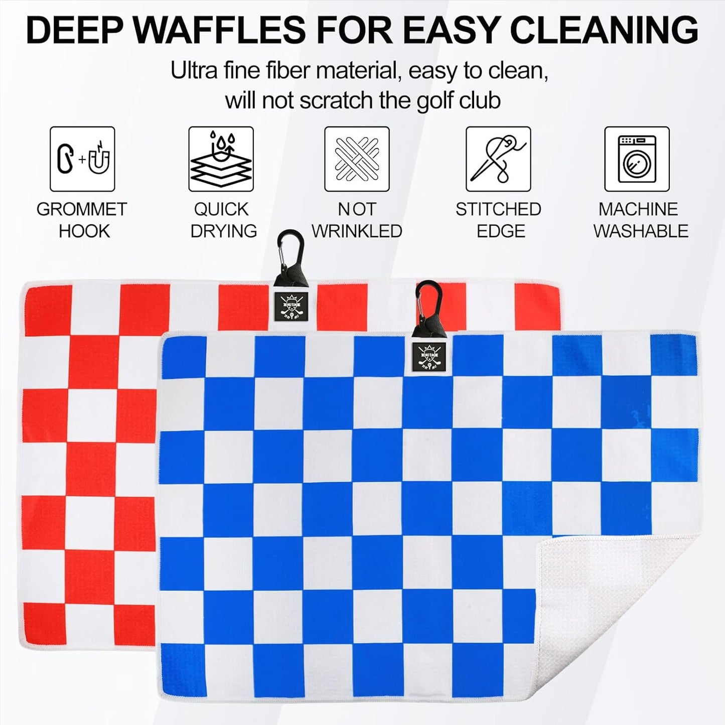 2 Pack 24"x16" Magnetic Golf Towels - Premium Waffle Pattern, with Magnet & Carabiner Clip for Golf Bags, Carts & Clubs. Essential for Men & Women Golfers - Black/Black