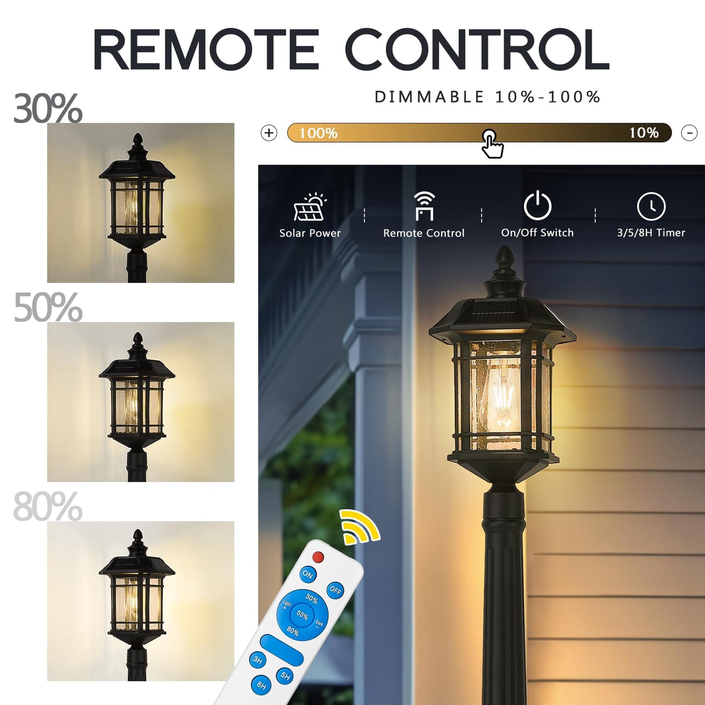 Emliviar 82in Solar Street Lamp, LED Dusk to Dawn Outdoor Light, Aluminum, Waterproof, Remote Control, Model A2202110PL-SL BK