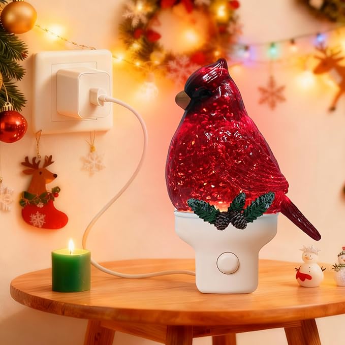 Christmas Cardinal Night Light Plug into Wall Swirling Glitter USB Portable Christmas Decorative Night Light Decoration for Kids Adults Bedroom Kitchen Living Room Holiday Decor (Cardinal)