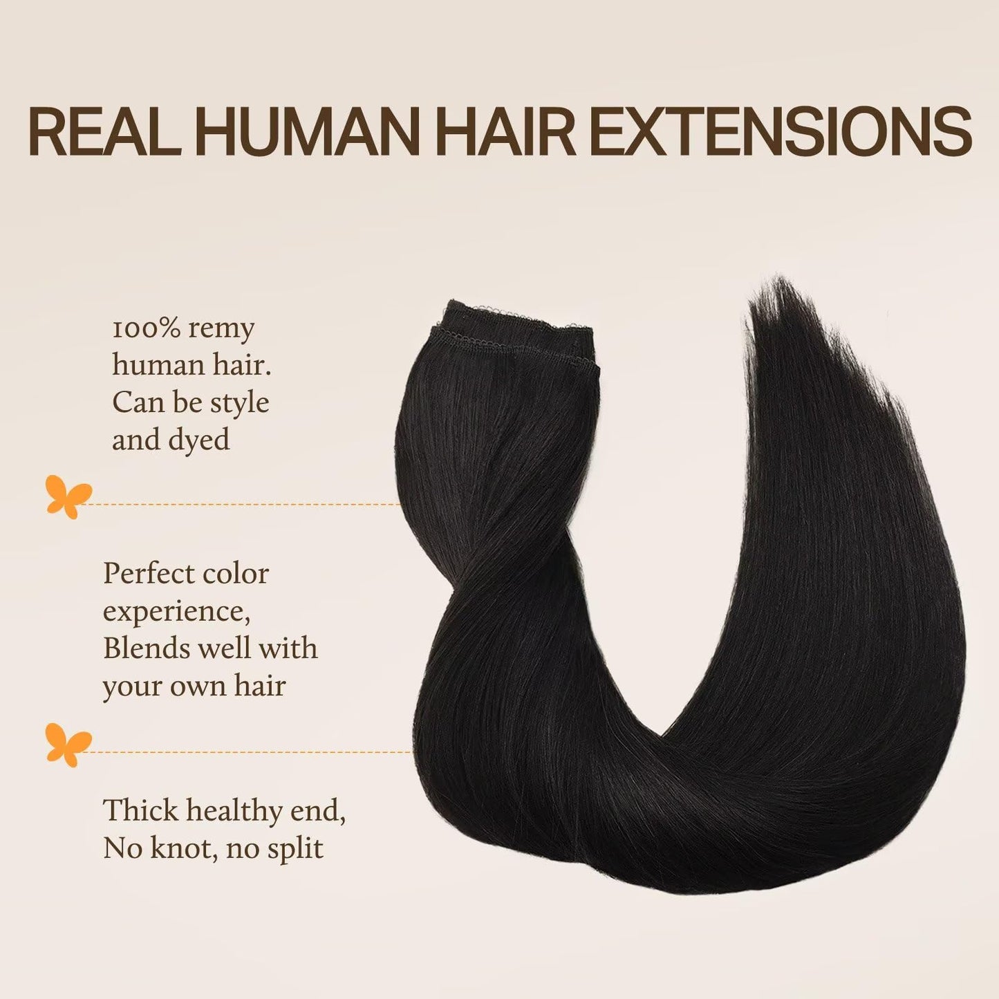 DOORES Wire Hair Extensions, Natural Black 14 Inch 75g Fish Line Weft Extensions and 2pcs 30g Clip ins, 105g Invisible Wire Real